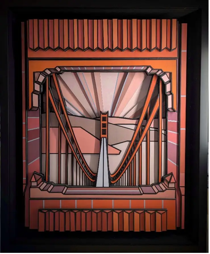 Bas-relief terracotta et rose pâle, pont suspendu stylisé encadré de briques, composition symétrique rayonnante