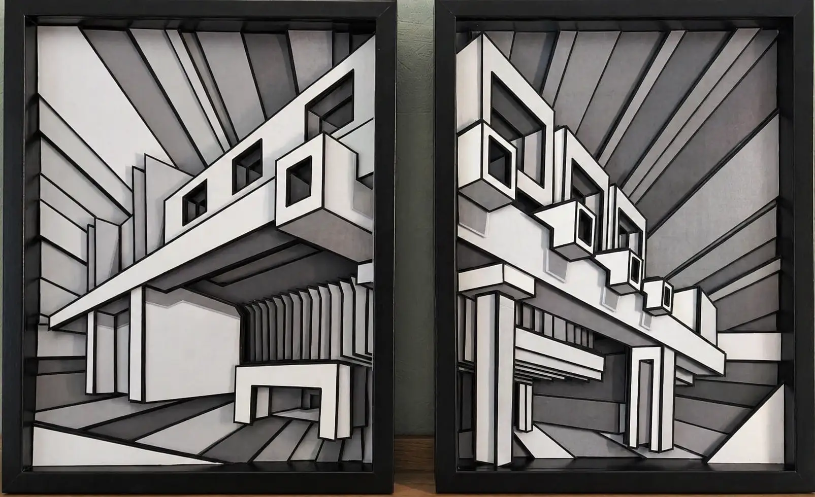 Diptyque en bas-relief noir et blanc, édifices brutalistes vus en contre-plongée sur lignes rayonnantes en éventail