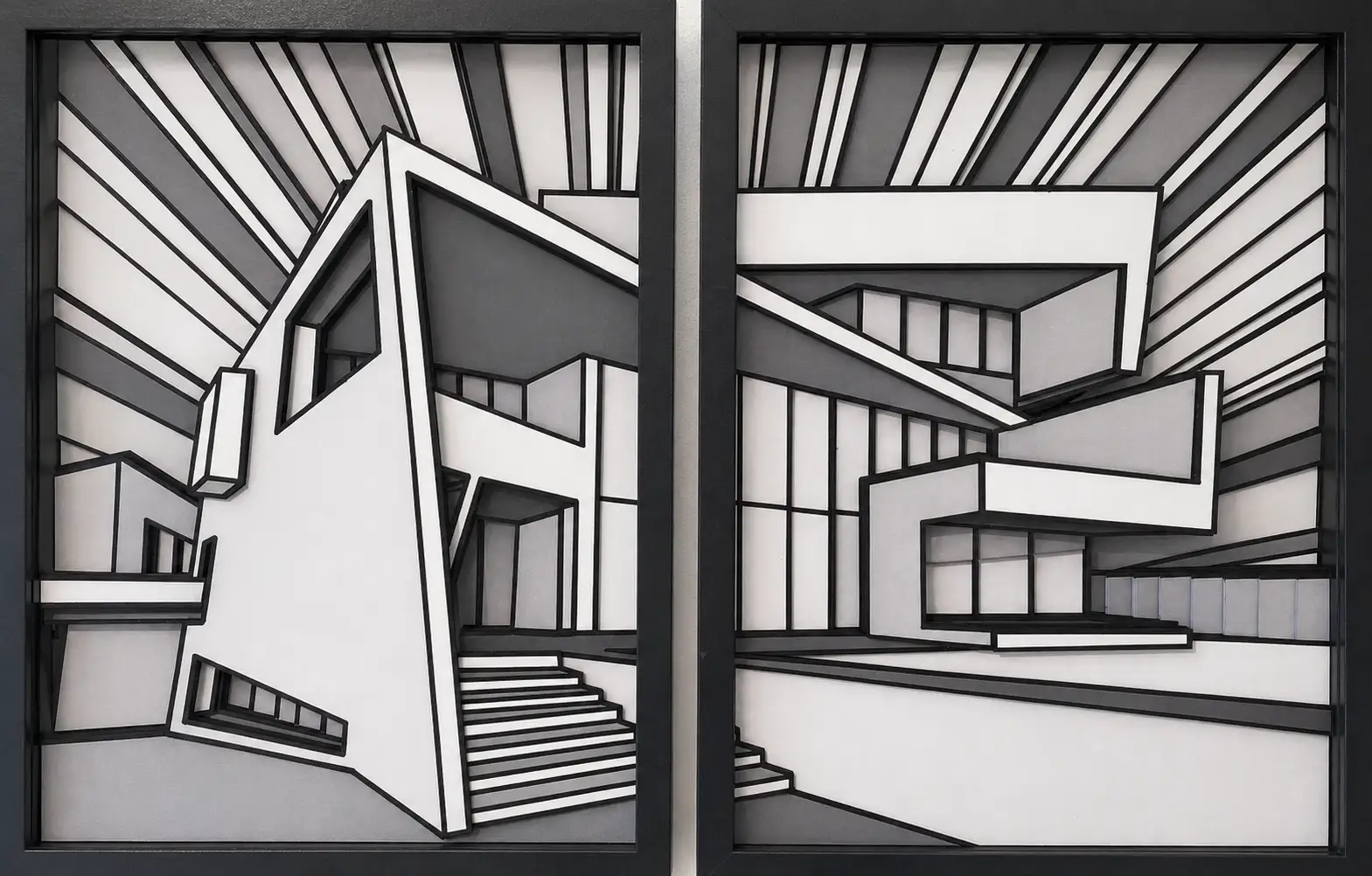 Diptyque bas-relief noir et blanc, structure brutaliste suspendue face à une composition en miroir, lignes rayonnantes