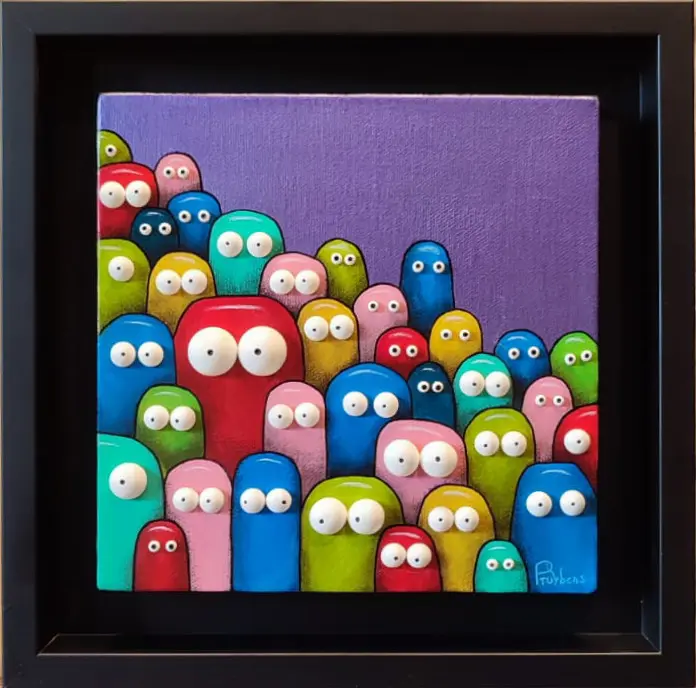 Vague de personnages bleu, jaune, rose et rouge aux yeux blancs dégradés sur fond volet