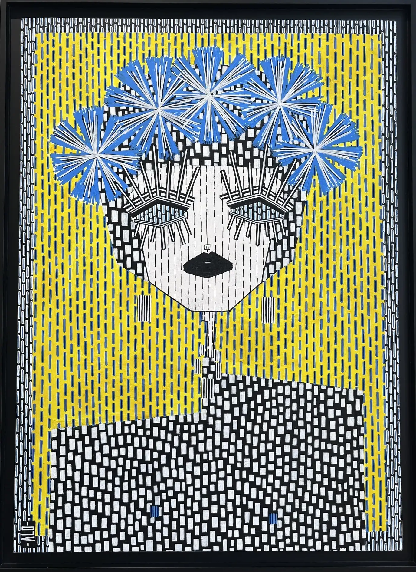 Visage graphique sur fond jaune vif, motifs bleus étoilés au-dessus, vêtement à damier noir et blanc, style pop art. 