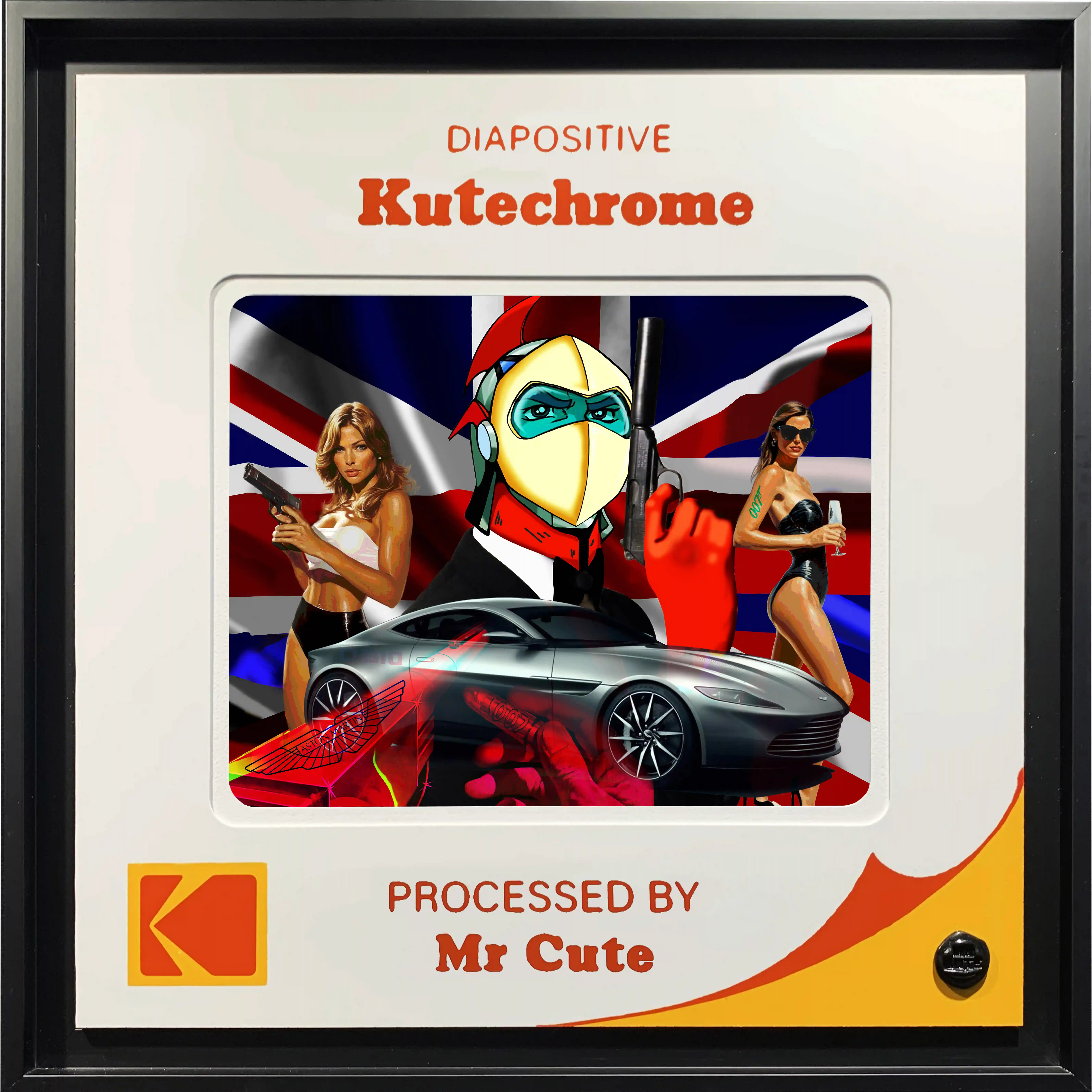 Diapositive pop art Goldo 007, fond Union Jack, voiture sport grise, silhouettes féminines armées, style collage numérique.