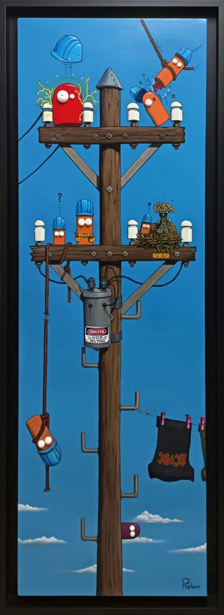 Personnages colorés orange et rouge sur un poteau électrique, scène humoristique fond bleu ciel.