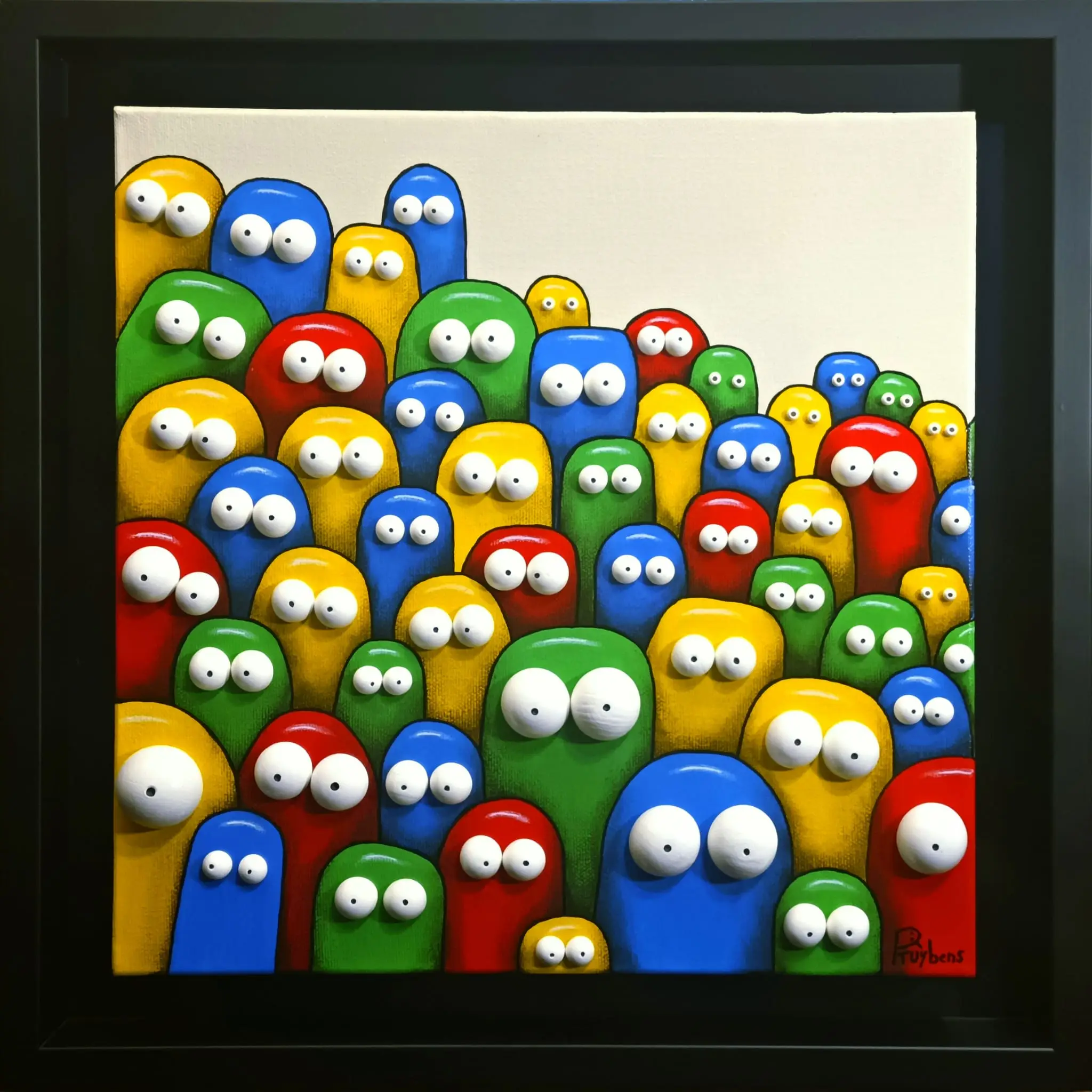 Foule de personnages ronds aux grands yeux expressifs sur fond blanc, style 3D relief.