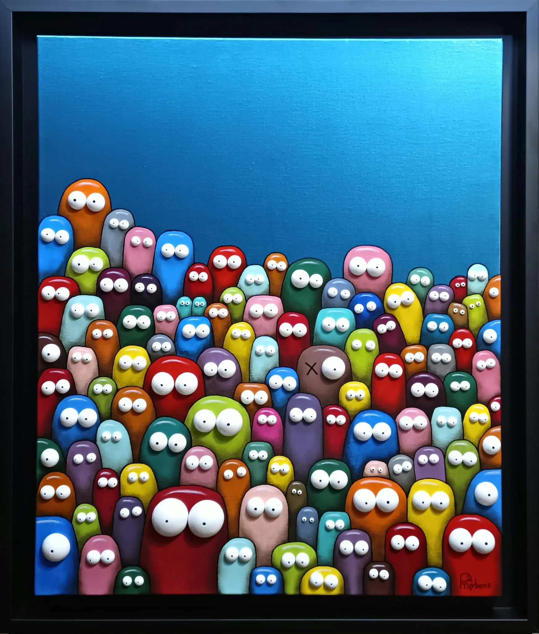 Multitude de créatures colorées multicolores aux yeux blancs bombés, fond bleu turquoise intense.