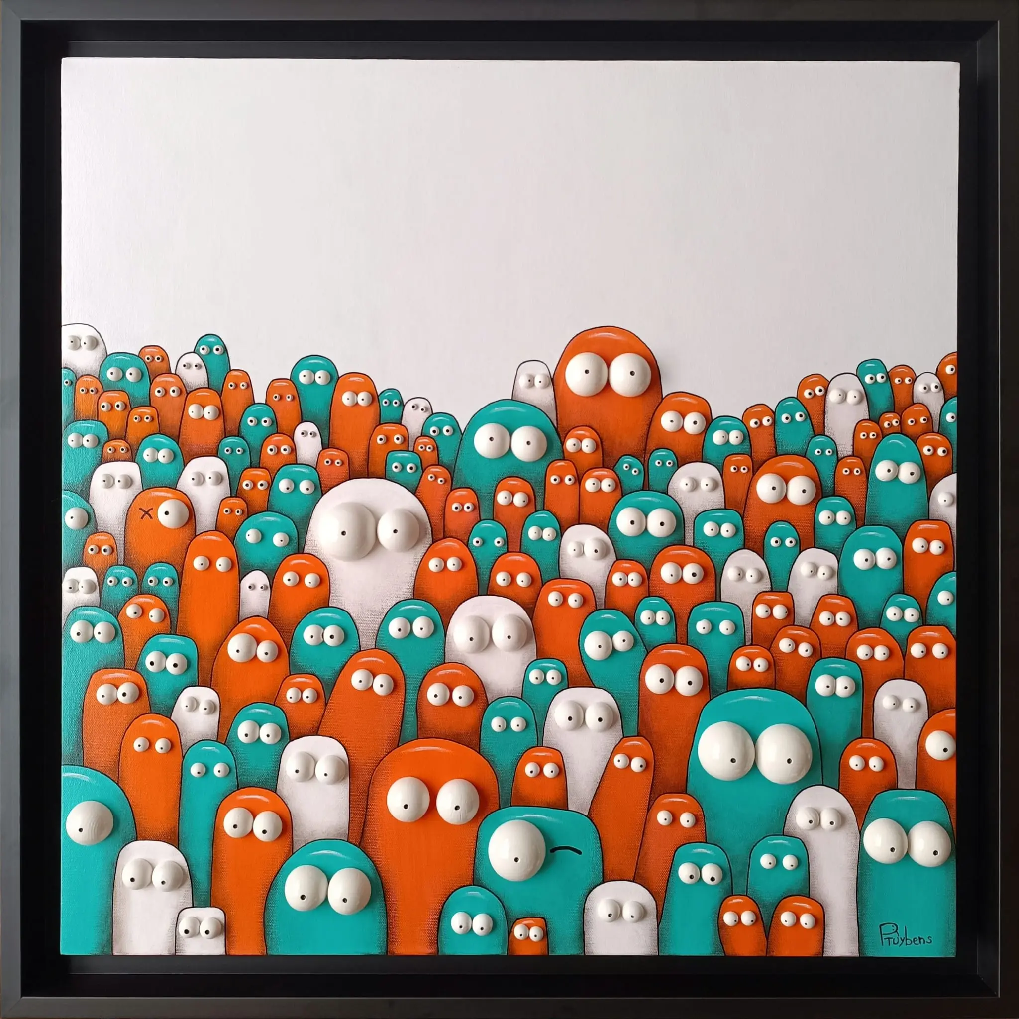 Foule de personnages orange, turquoise et blanc aux yeux en relief 3D sur fond blanc lumineux.