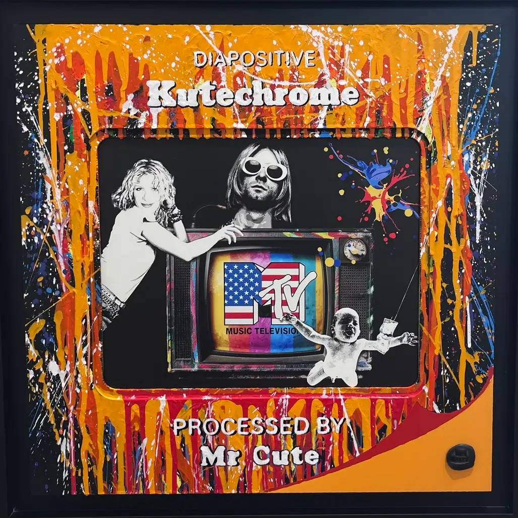 Diapositive multicolore fond orange, collage Kurt Cobain, Courtney Love et logo MTV sur télévision vintage, projections de peinture