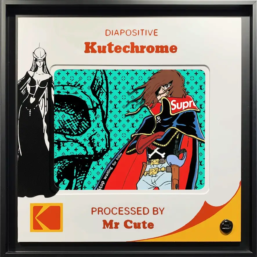 Diapositive pop art, Albator cape noire sur fond LV turquoise, badge Supreme rouge, silhouette féminine graphique