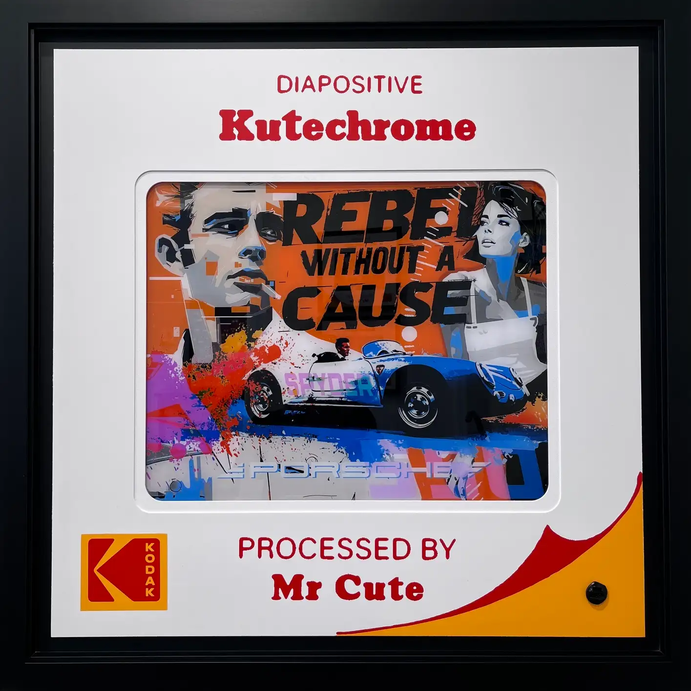 Diapositive pop art orange, portrait James Dean, Porsche Spyder bleu, lettrage Rebel Without a Cause, projections colorées