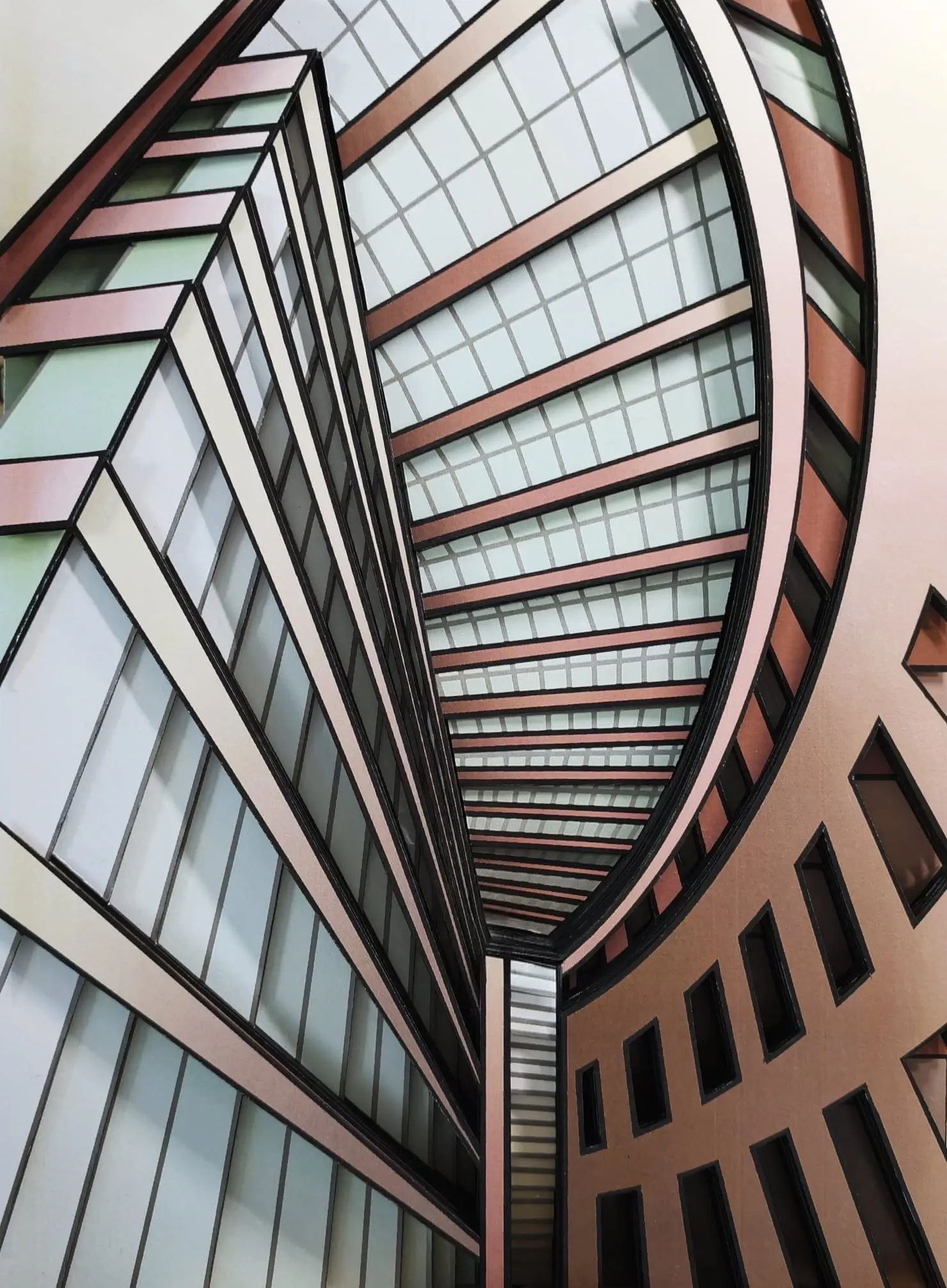 Architecture graphique aux lignes noires, façades rose poudré et verre vert d'eau, composée en perspective vertigineuse.