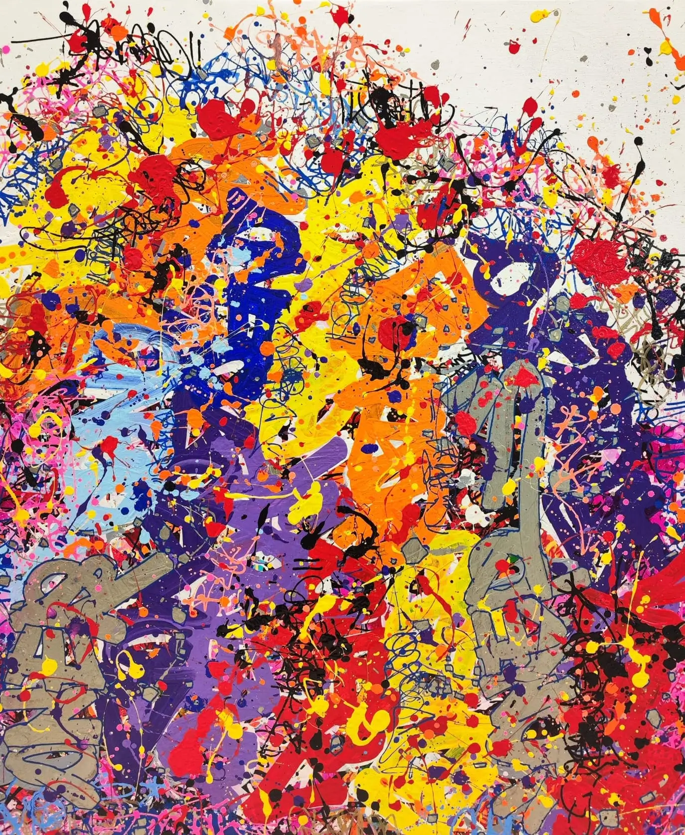 Composition gestuelle en jaune, orange, violet et rouge, coulures colorées sur fond blanc.