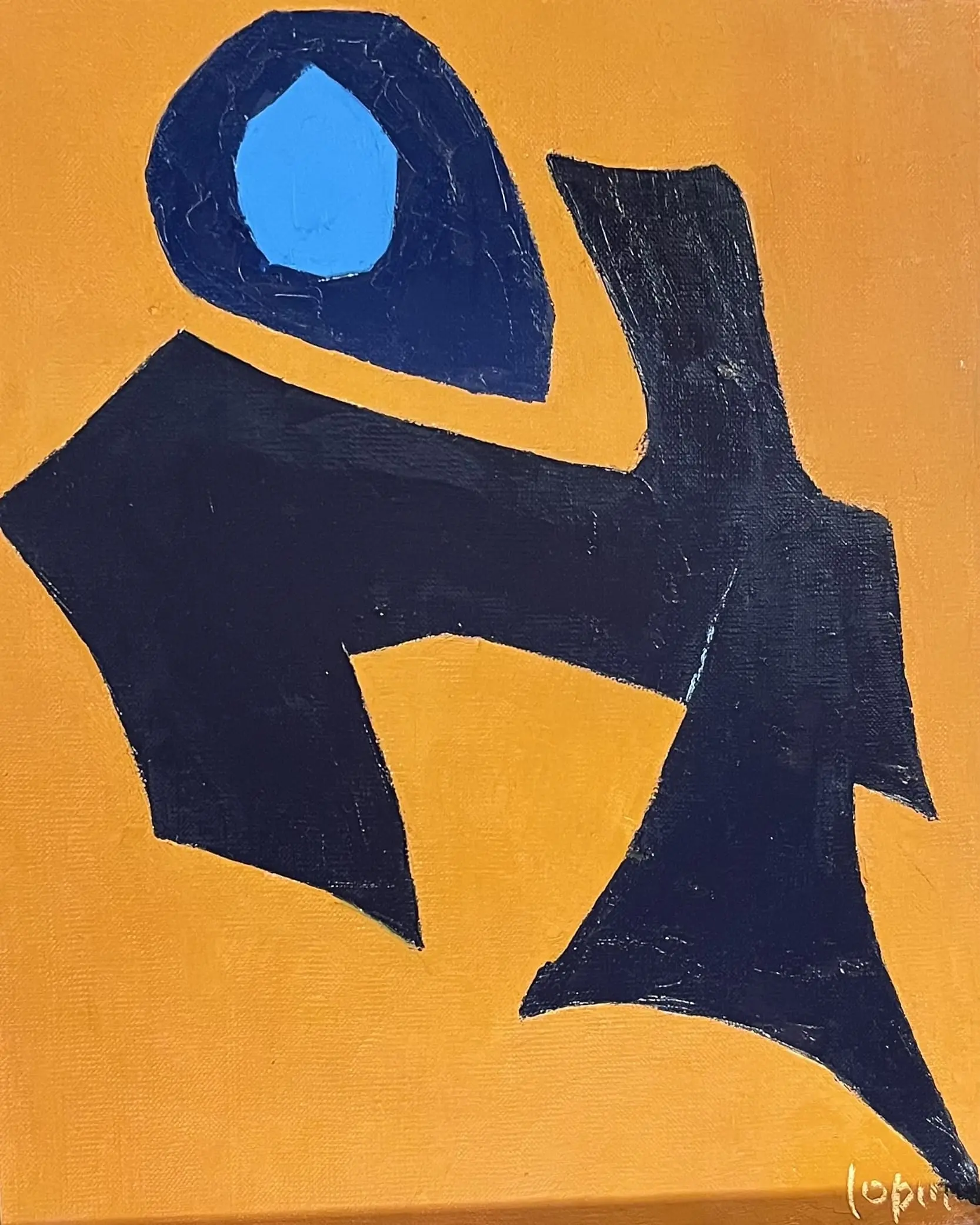 Forme noire anguleuse et ovale bleu sur fond orange, dans une composition abstraite contrastée.
