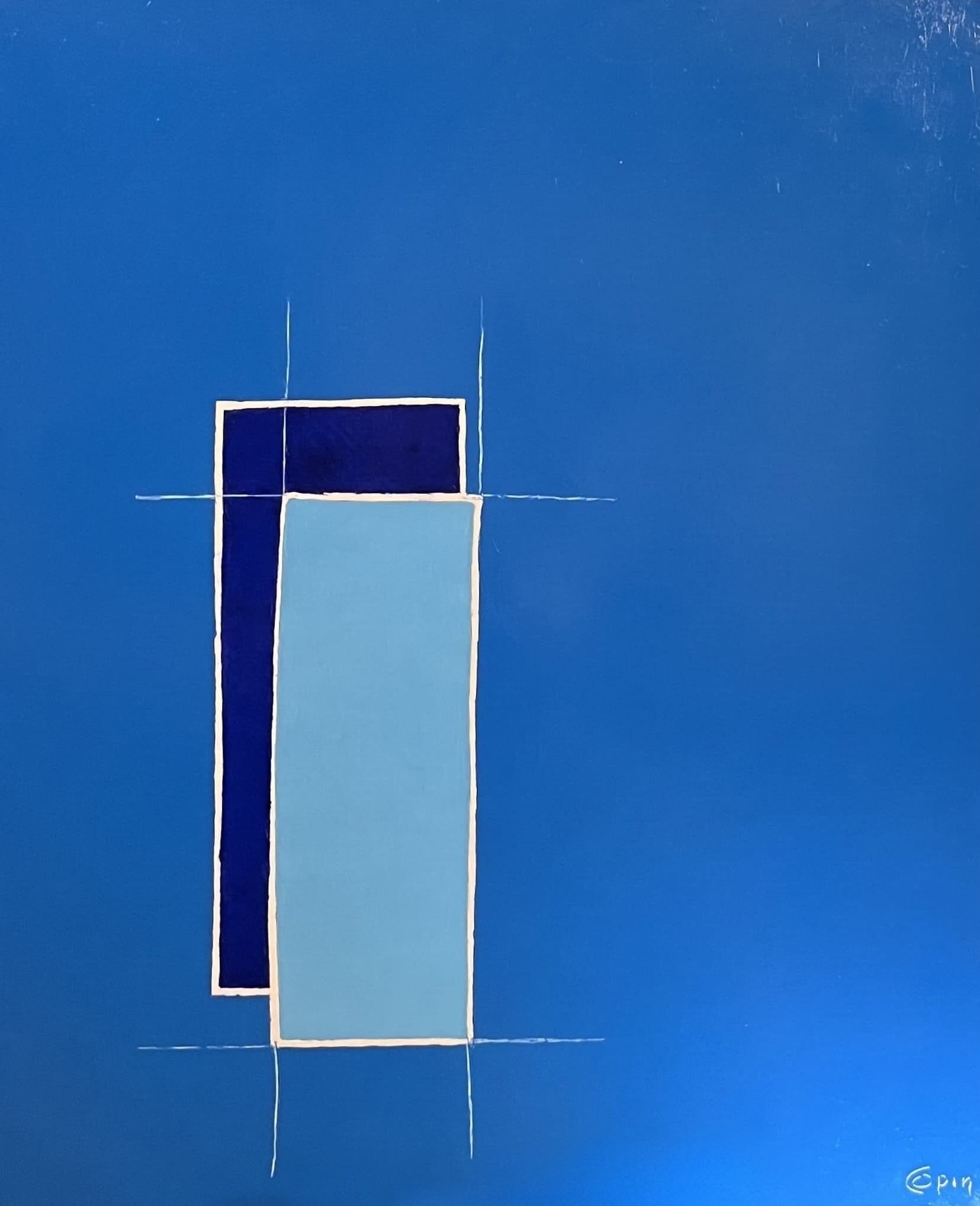 Rectangles bleu clair et bleu nuit bordés de blanc sur un vaste fond bleu cobalt.