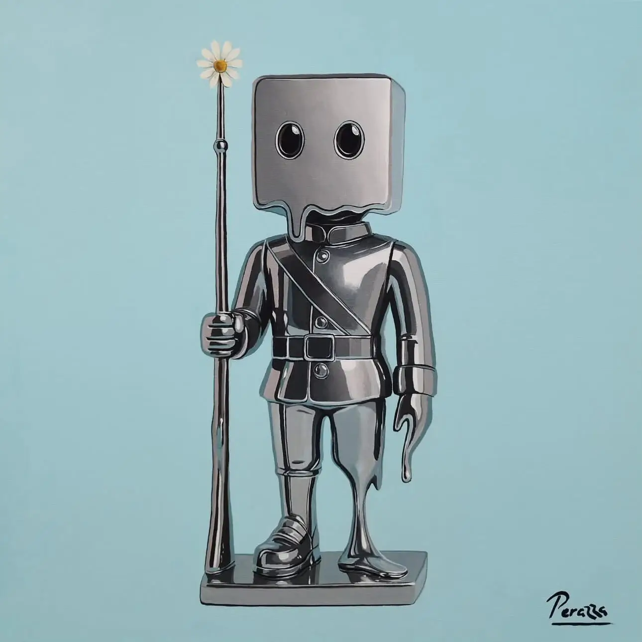 Drippy gris en uniforme tient une marguerite sur fond bleu, entre pop art et symbole de paix.