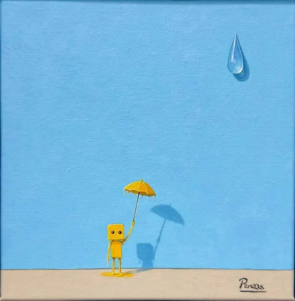 Drippy jaune tient un parapluie sous une goutte d’eau sur fond bleu, dans une composition minimaliste.