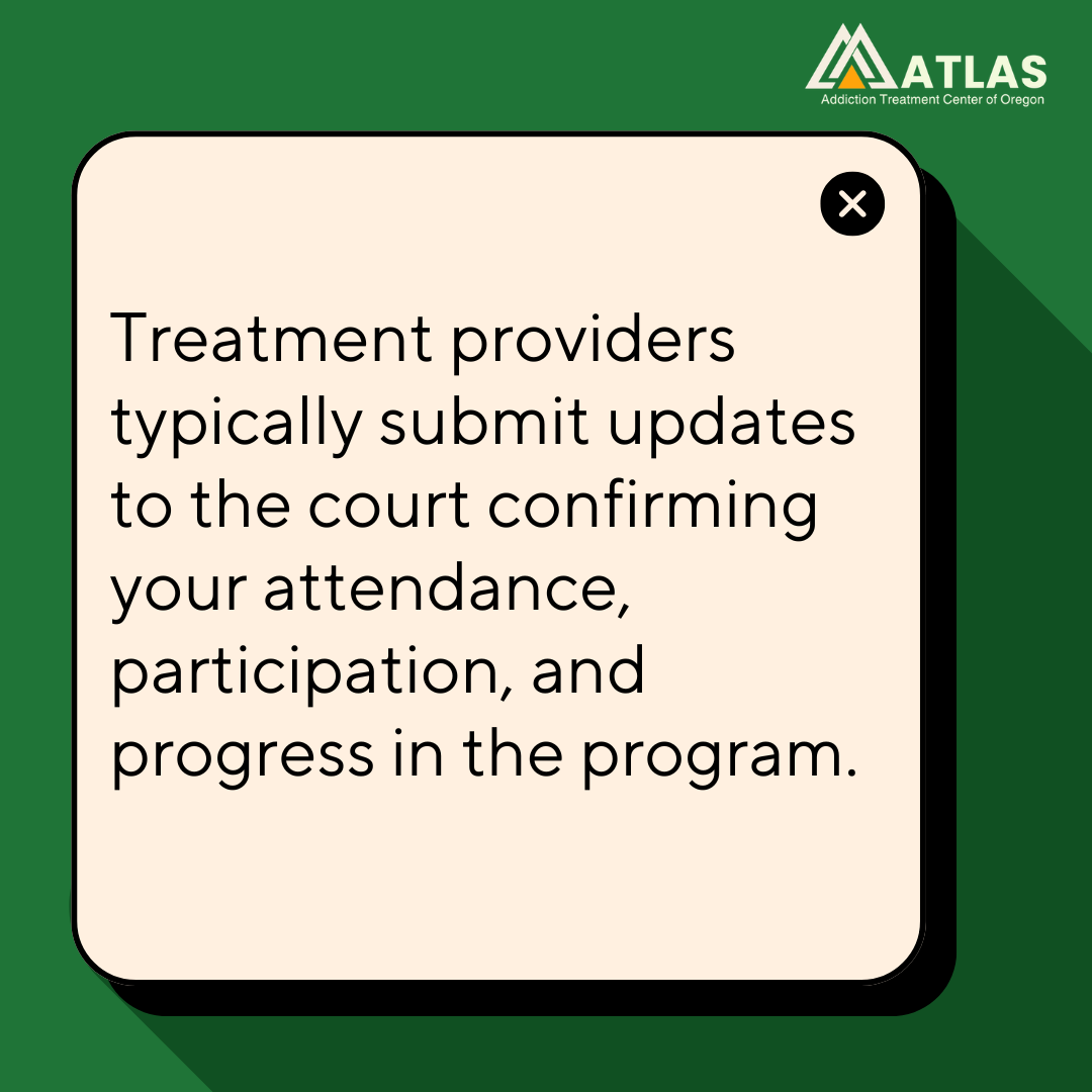 A graphic image explaining that treatment providers report attendance and progress to the court during a DUII in Oregon diversion program