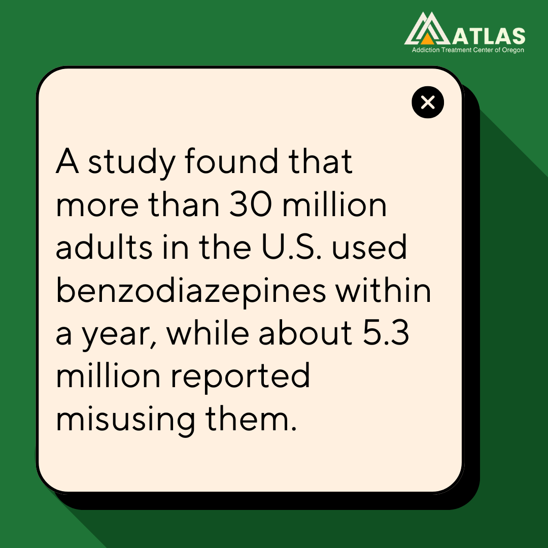 A graphic image about benzodiazepine addiction treatment in Oregon highlighting statistics on benzodiazepine use and misuse in the United States