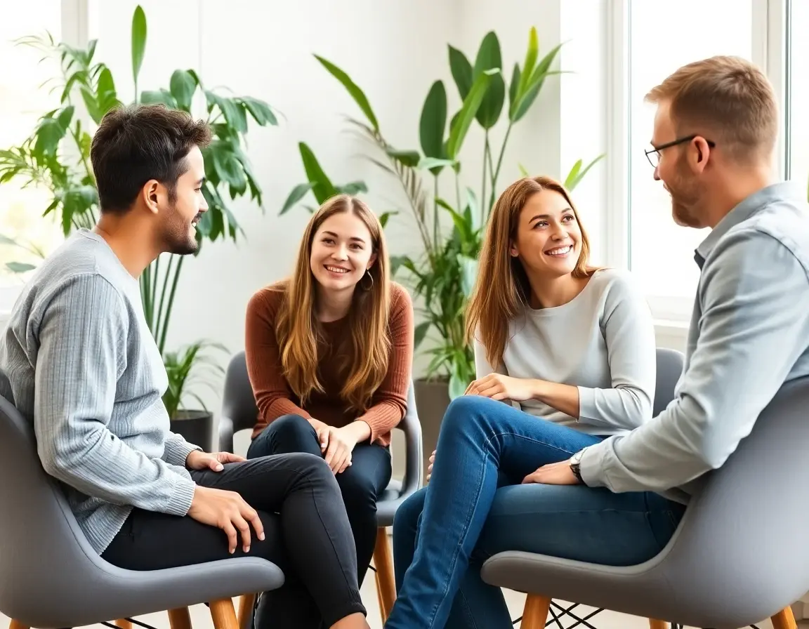 Four friends sit together in a bright, plant-filled room, laughing and talking.