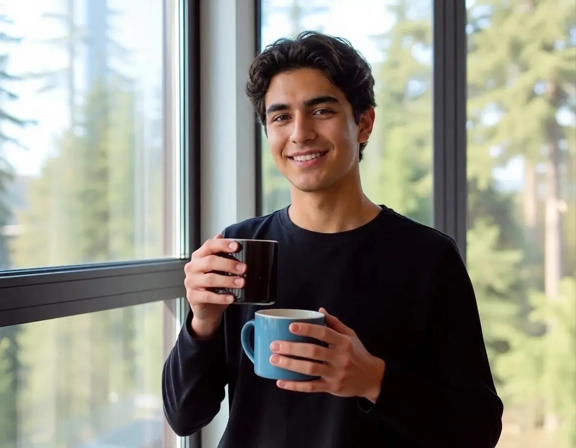 A young man smiles while holding two mugs of coffee by a window overlooking pine trees.