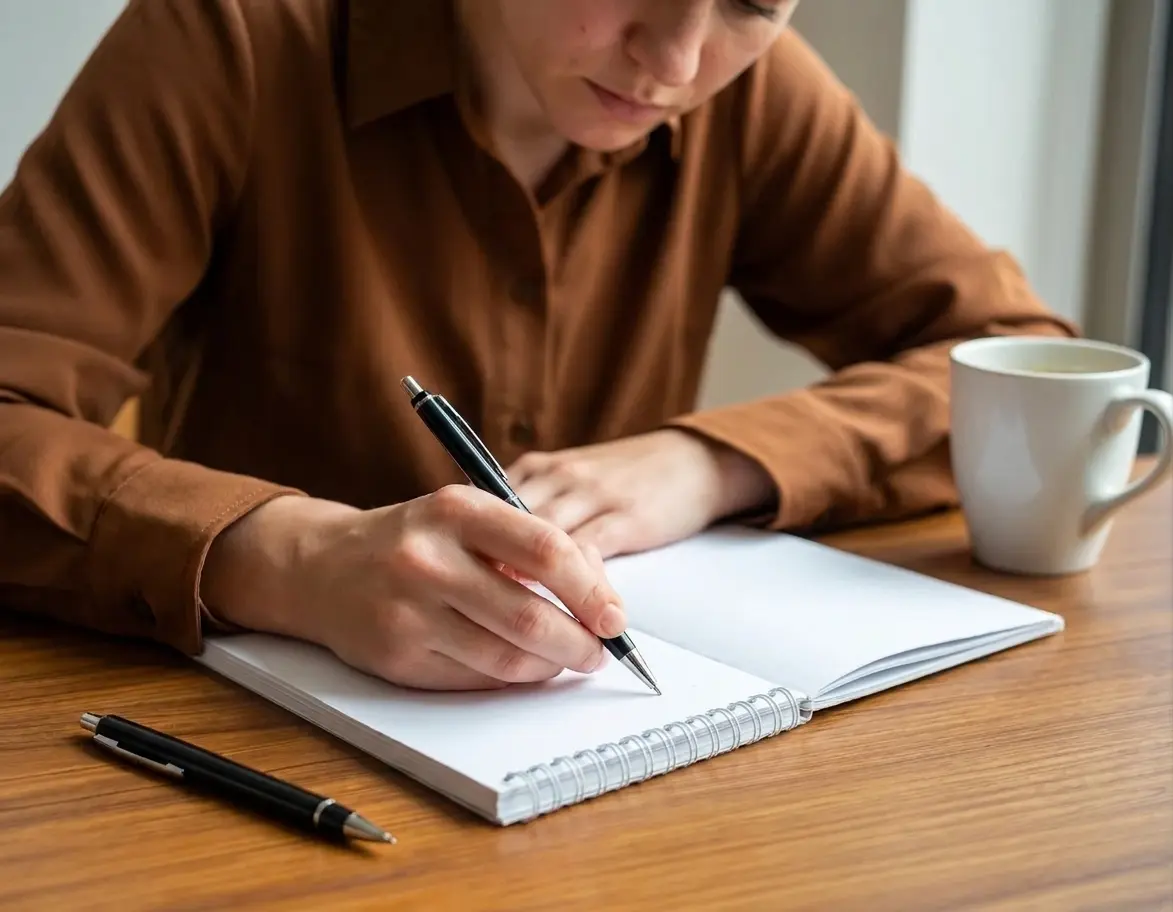A person's hands rest on an open notebook, writing with a pen beside a mug of coffee.