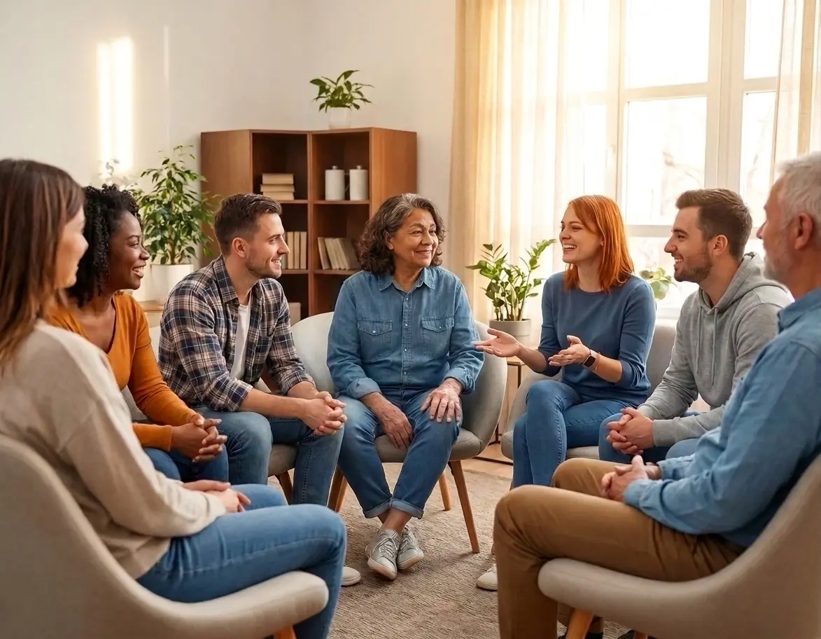 A group of seven people sit together in a circle, smiling and talking in a warmly lit room.