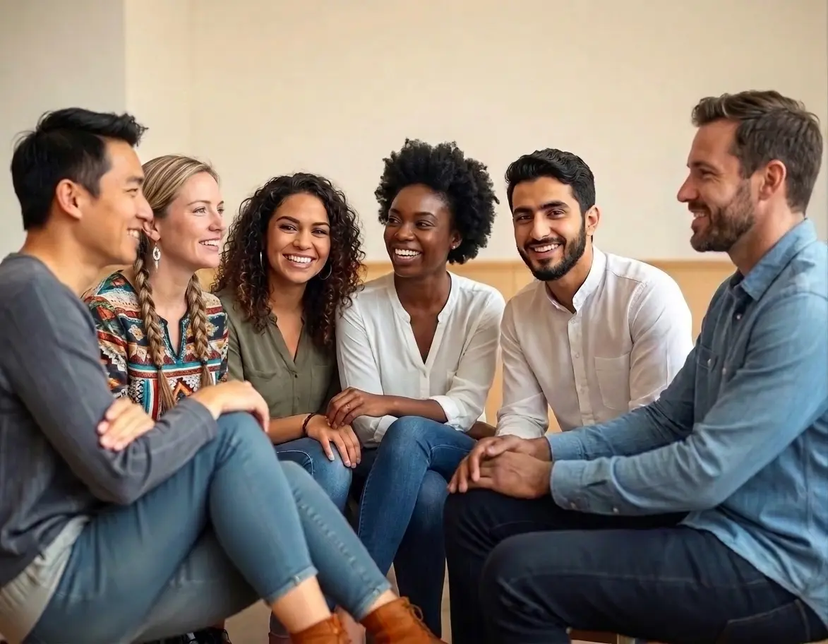 A diverse group of young adults sit closely together, laughing and smiling in genuine conversation.