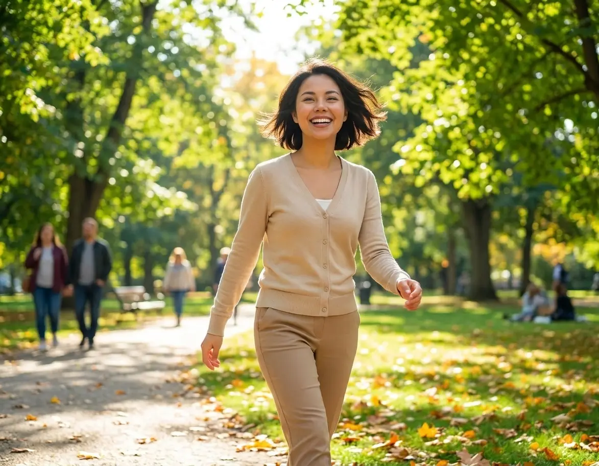 A young woman walks and smiles through a sunlit park scattered with autumn leaves.