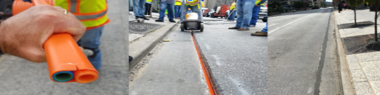 Three pics left to right. First, the conduit that protects the fiber underground. Second, the conduit being laid in the trench. And third, the sealed trench.