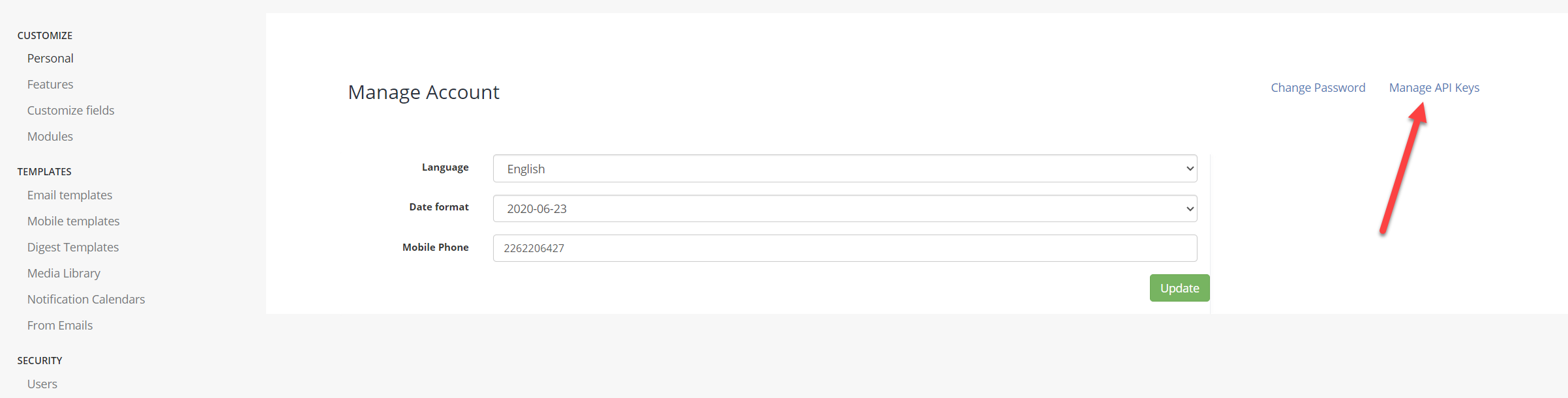 Manage API Keys option