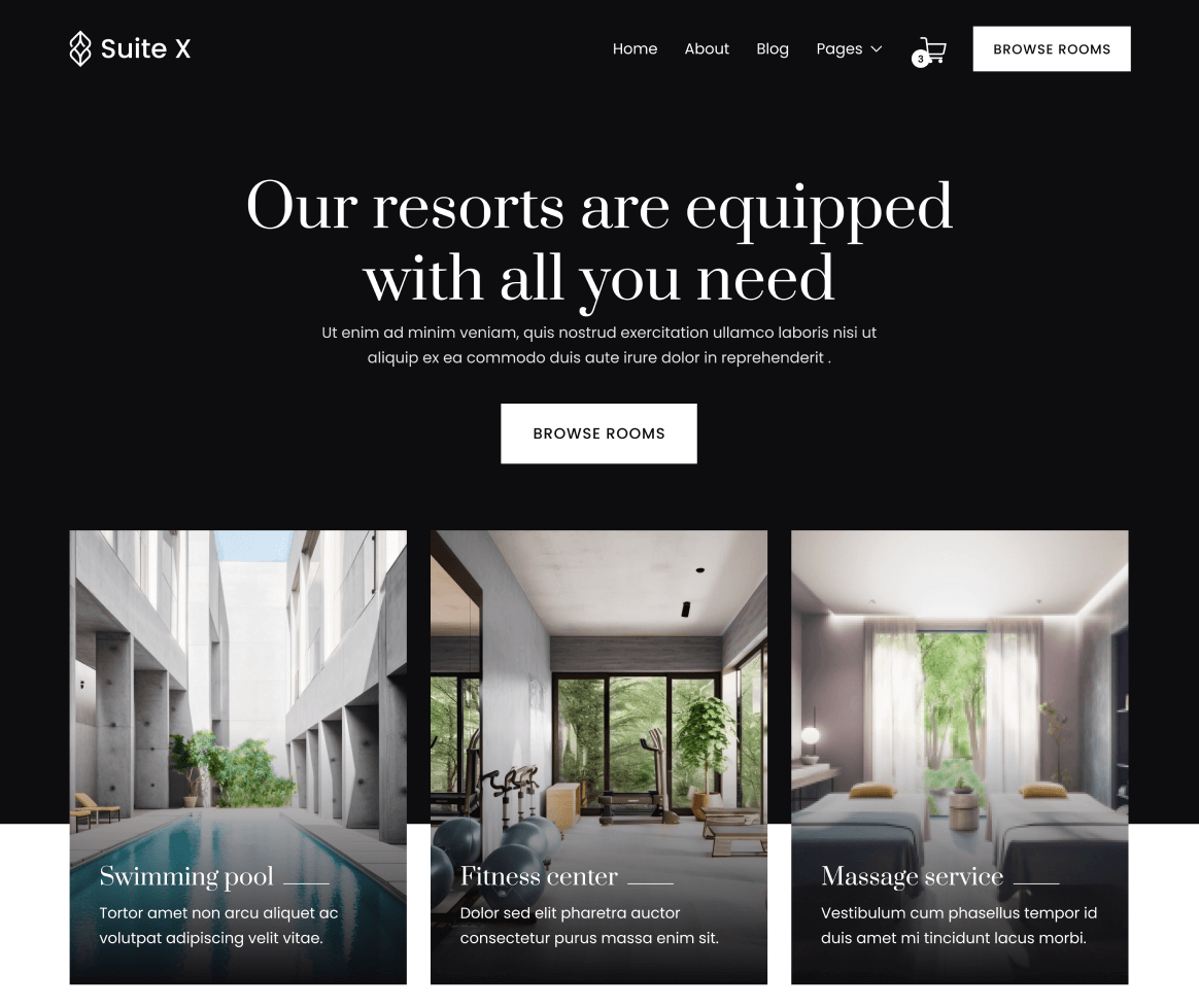 Suite X - Amenities Page - Hotel Webflow Template