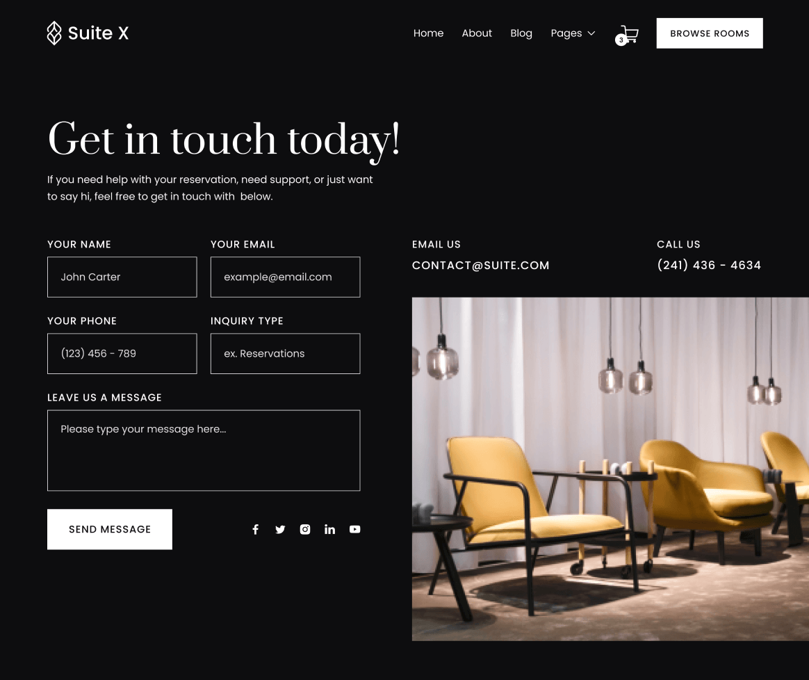 Suite X - Contact V2 Page - Hotel Webflow Template