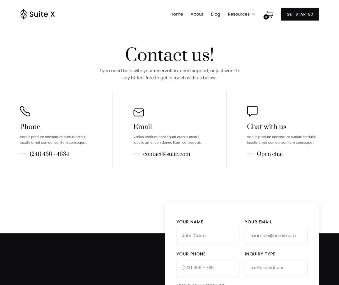 Suite X - Contact V1 Page - Hotel Webflow Template