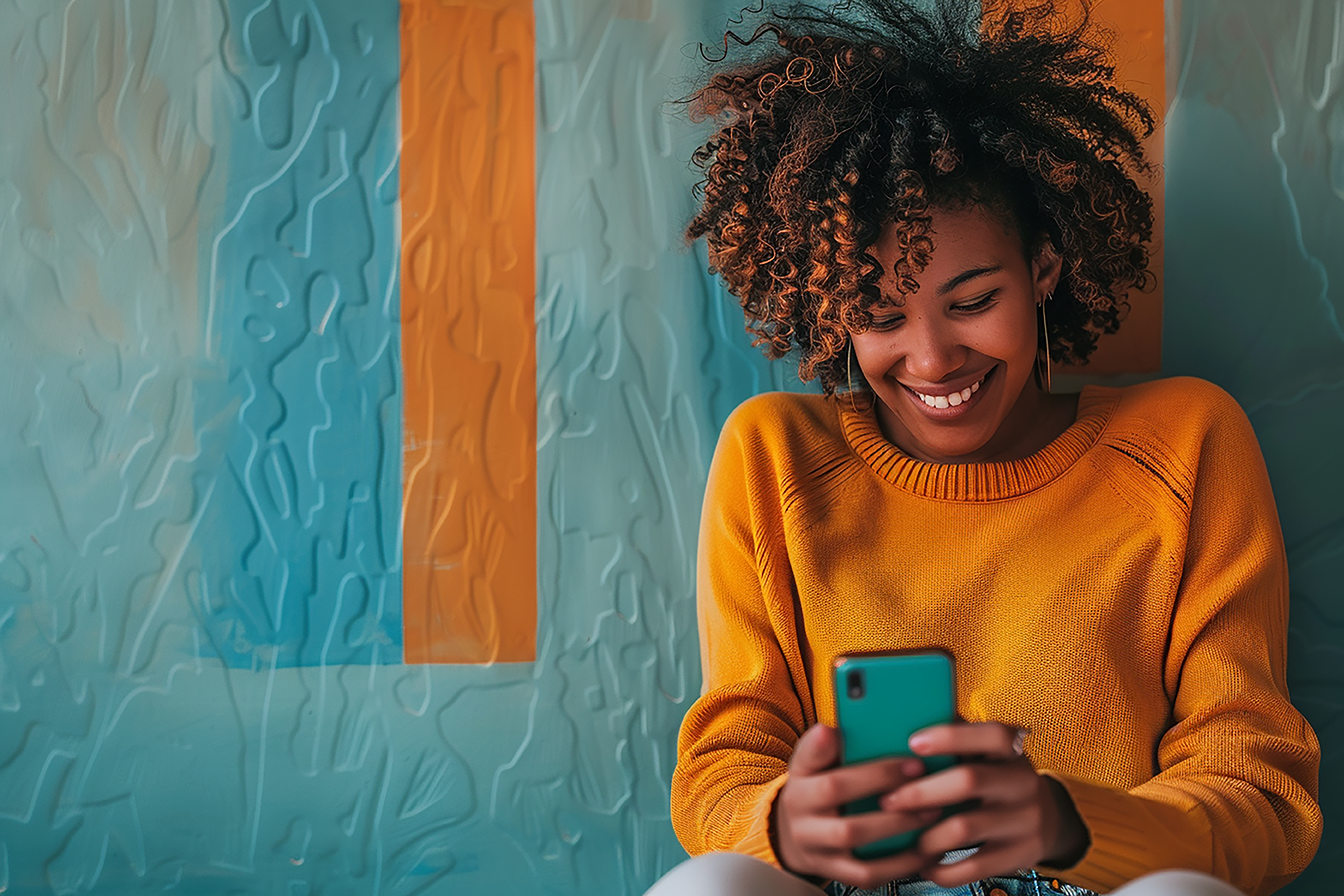 Happy woman on a phone call, representing a satisfied content writing client