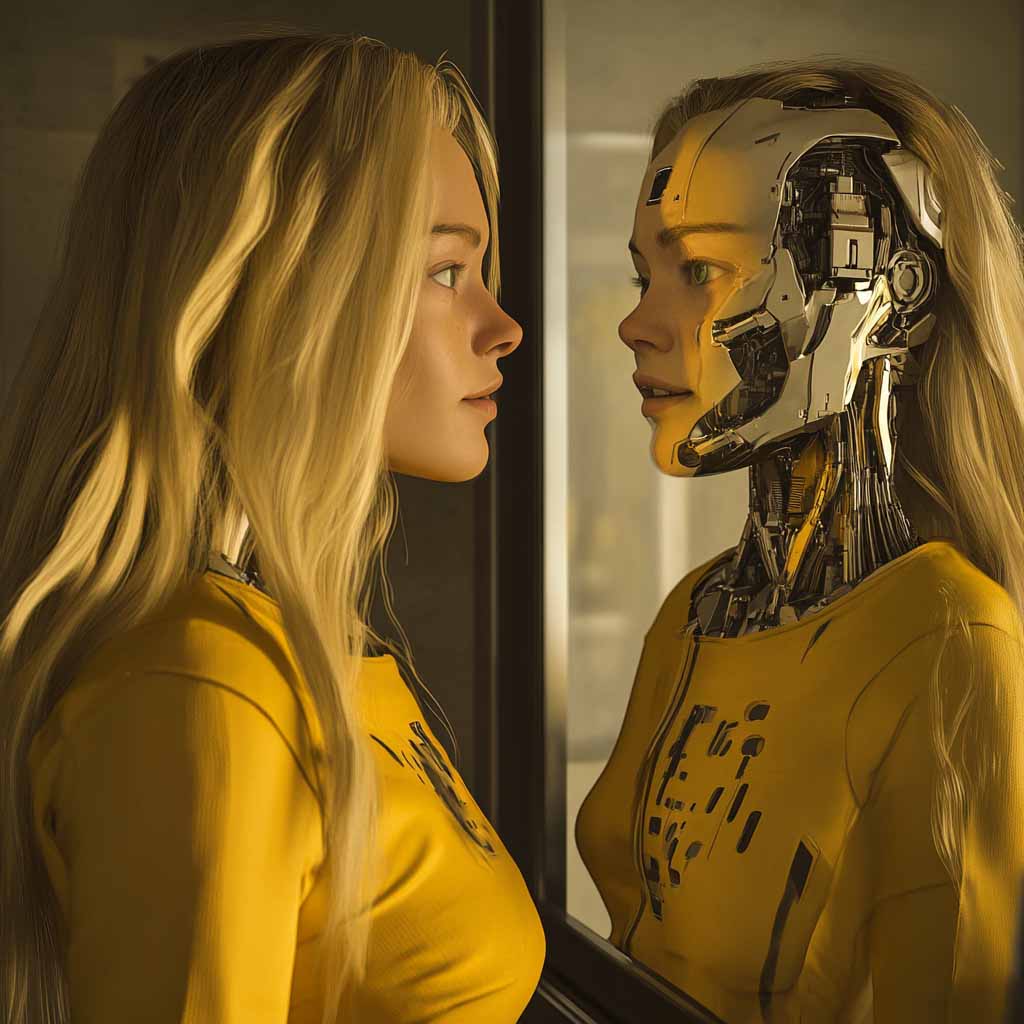 A human woman looking into a mirror seeing a reflection of herself as a robot