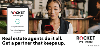 Collage of three people smiling and walking in a home kitchen and a female real estate agent standing outside a building, all with text 'When you want to do more, ROCKET CAN' and Rocket Pro Insight branding.