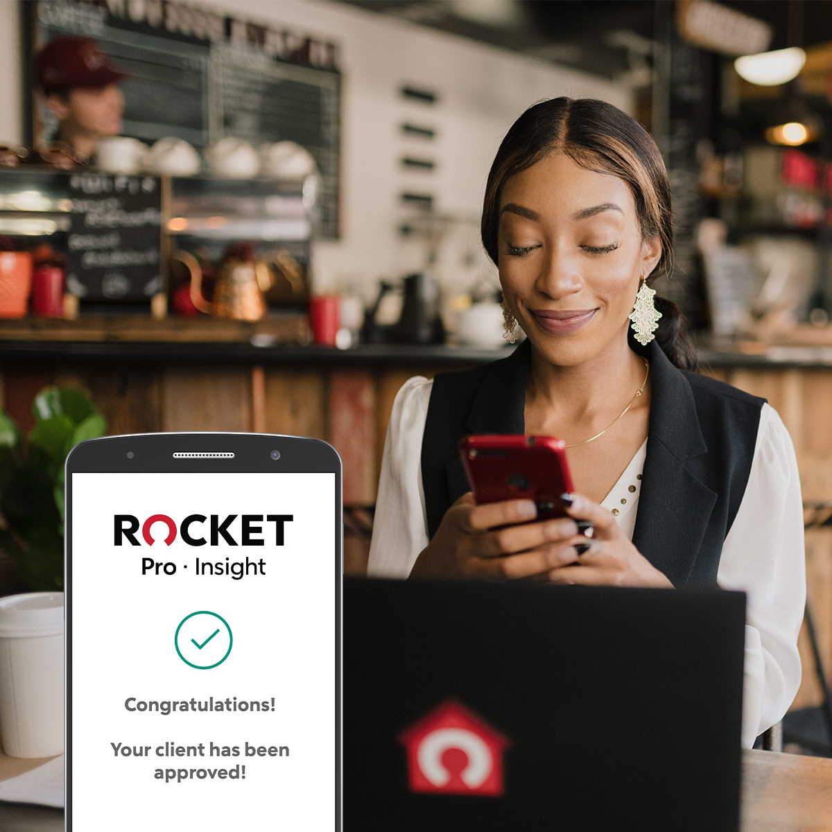 Collage of three people smiling and walking in a home kitchen and a female real estate agent standing outside a building, all with text 'When you want to do more, ROCKET CAN' and Rocket Pro Insight branding.