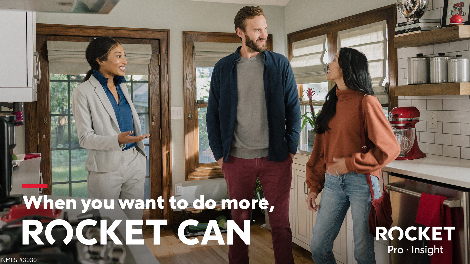 Four images showing real estate professionals with Rocket Pro Insight branding and different roles: a life coach with two clients at a table, an interior designer presenting a chair, an analyst working with a colleague, and a real estate agent placing a sold sign outside a house.