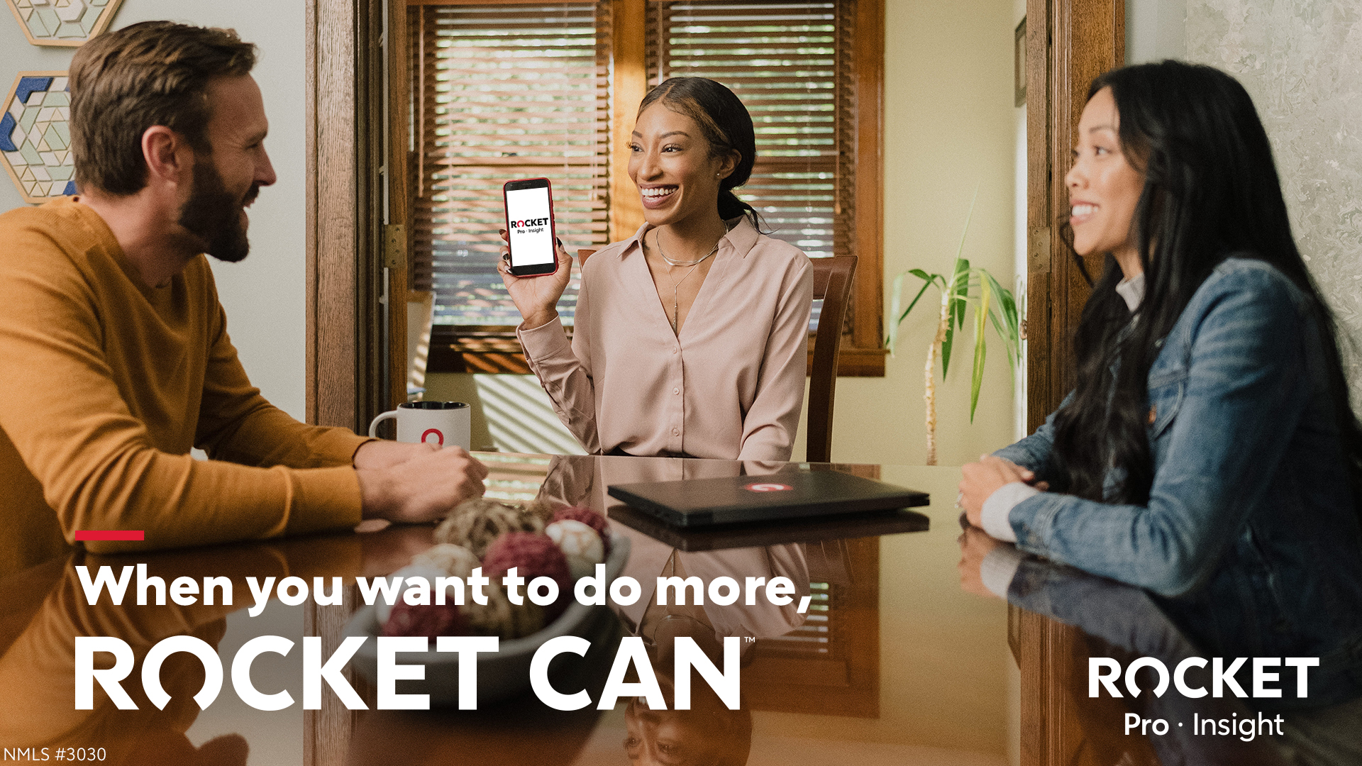 Four images showing real estate professionals with Rocket Pro Insight branding and different roles: a life coach with two clients at a table, an interior designer presenting a chair, an analyst working with a colleague, and a real estate agent placing a sold sign outside a house.
