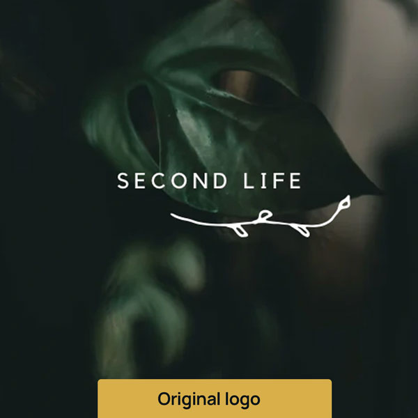 The original Second Life logo created in Canva in white in front of some green leaf texture