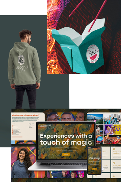 A collage of three stacked images with various branding design pieces like a hoodie with a logo, a takeout box, and website mockups