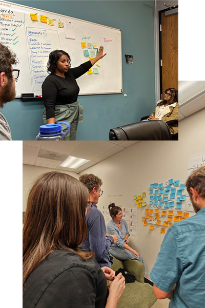 A collage of two pictures of workshops in-session. The top image shows Rashmi Lopez facilitating a workshop in front of a whiteboard while participants listen to her speak. The second picture shows workshop participants laughing while discussing topics.