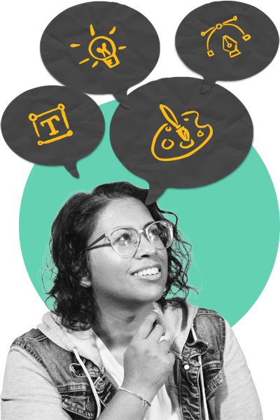 Rashmi Lopez looking upwards with speech bubbles emerging from thinking face with various design-focused icons like a color palette, text transform, and lightbulb