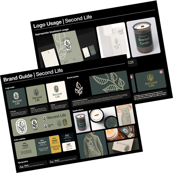 Second Life express brand guide showing in two pages, layered one on top of the other, and angled to the left