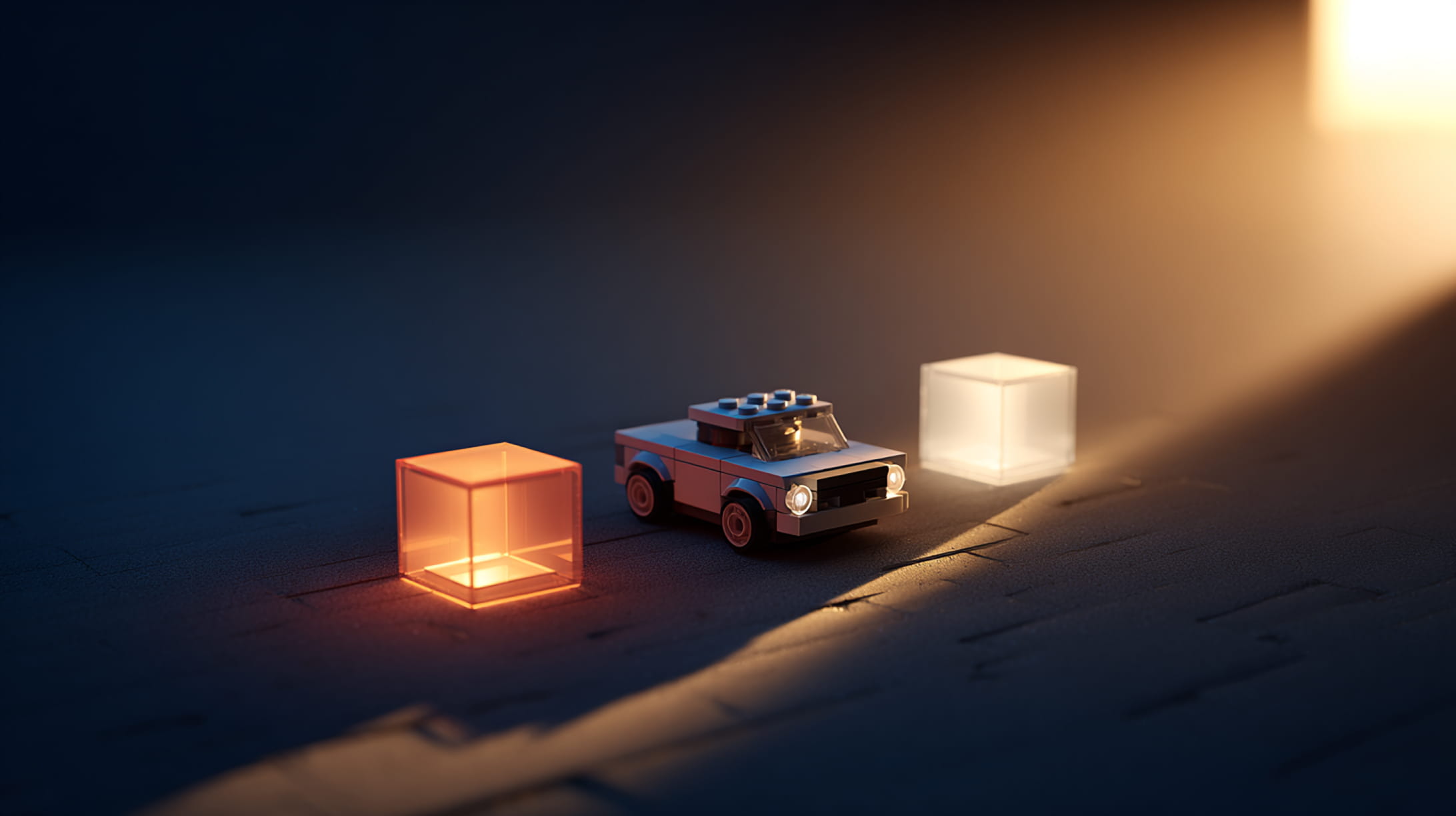 A small toy car positioned between glowing cube blocks in a stylized 3D scene