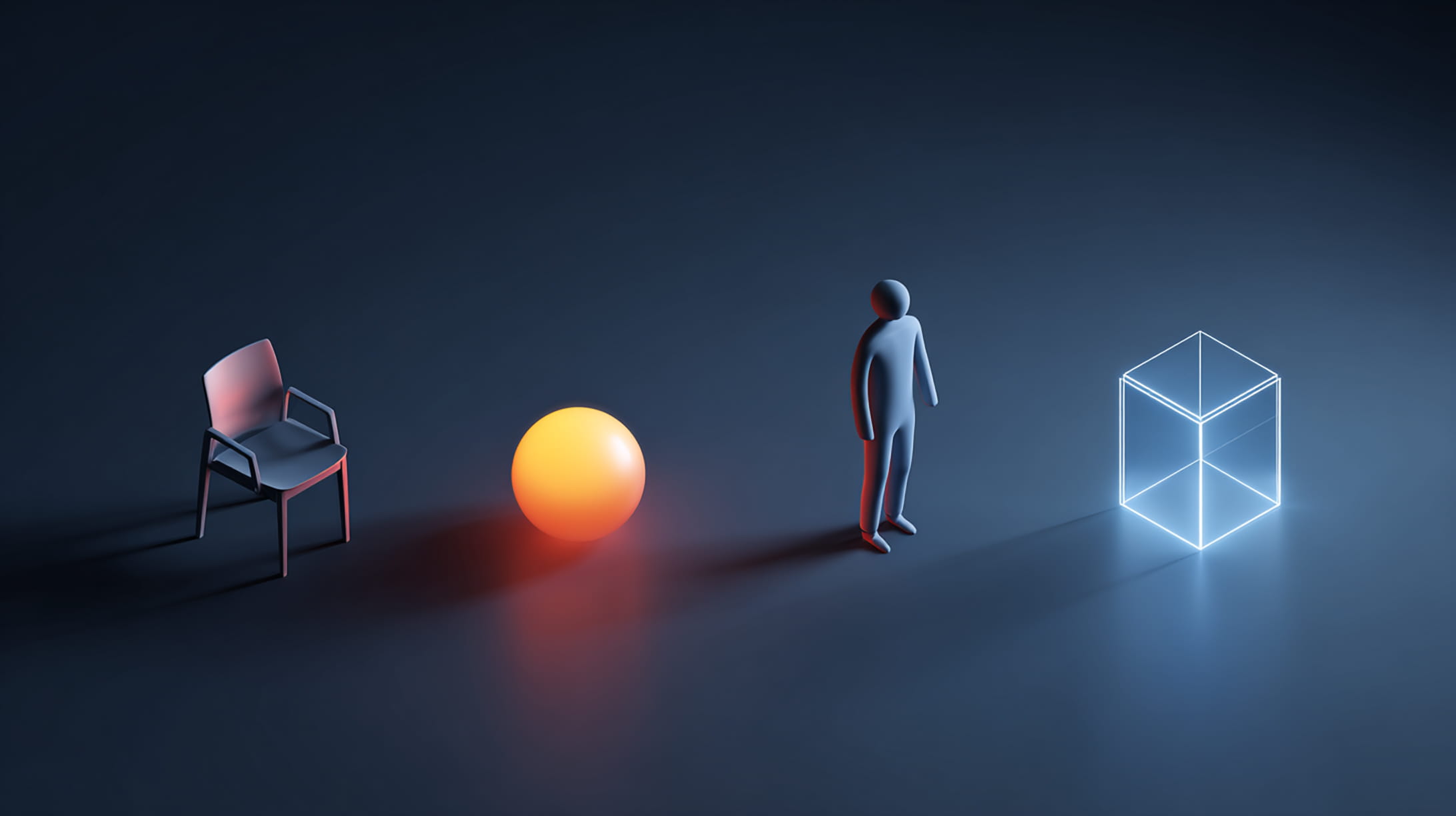 A simplified 3D scene showing basic objects including a chair, a ball, character figure, and invisible trigger