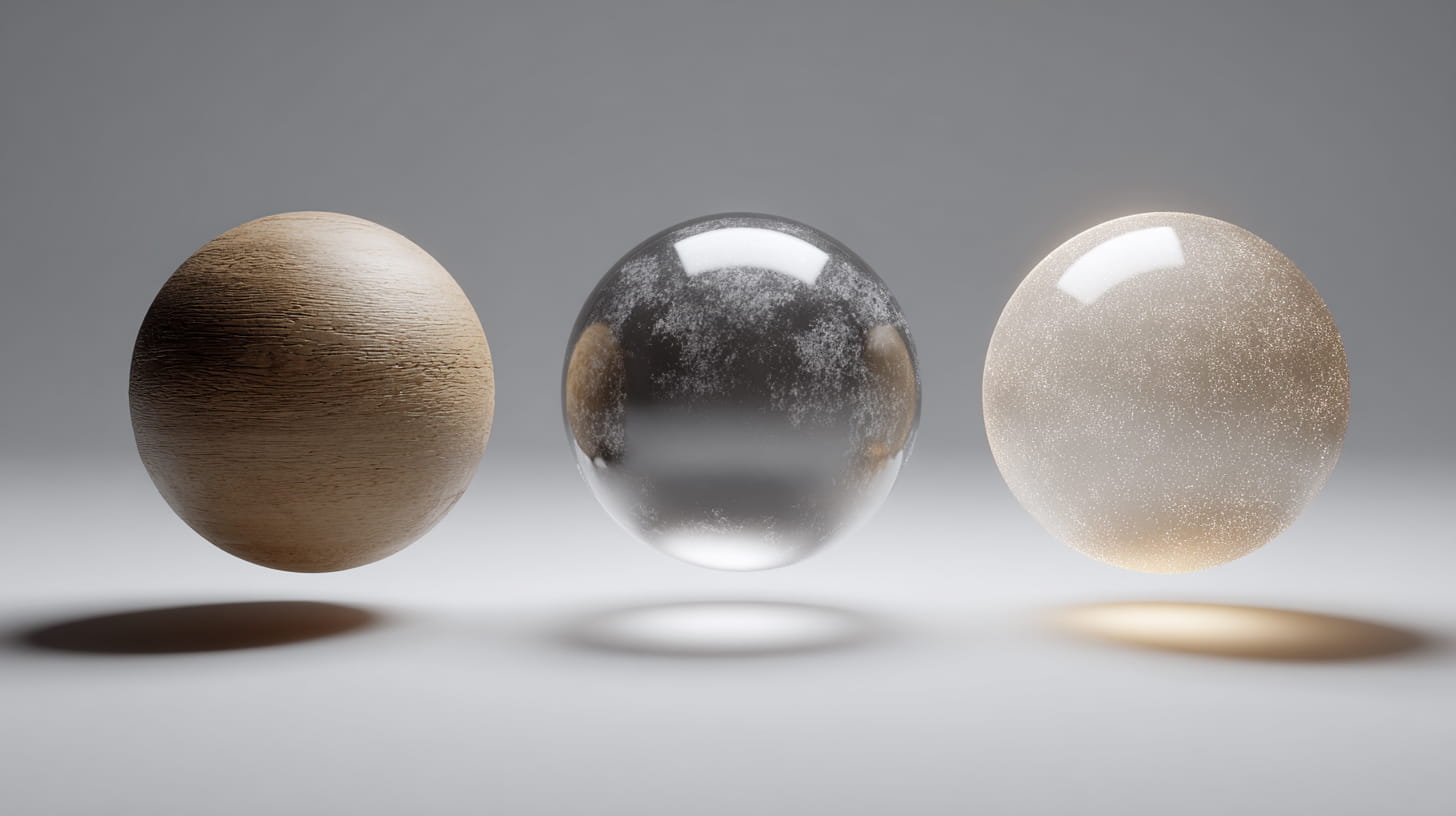 Three 3D spheres displaying different surface textures and materials
