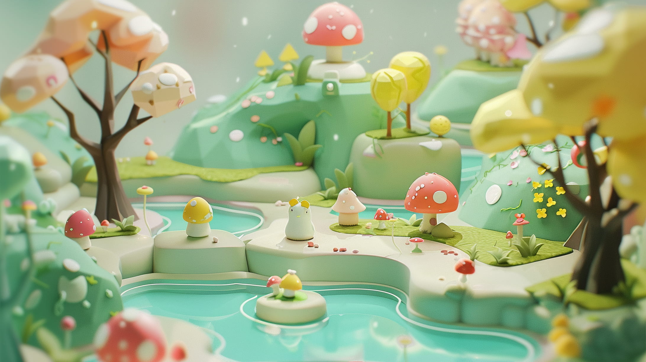 Stylized 3D environment with soft lighting, trees, mushrooms, and water