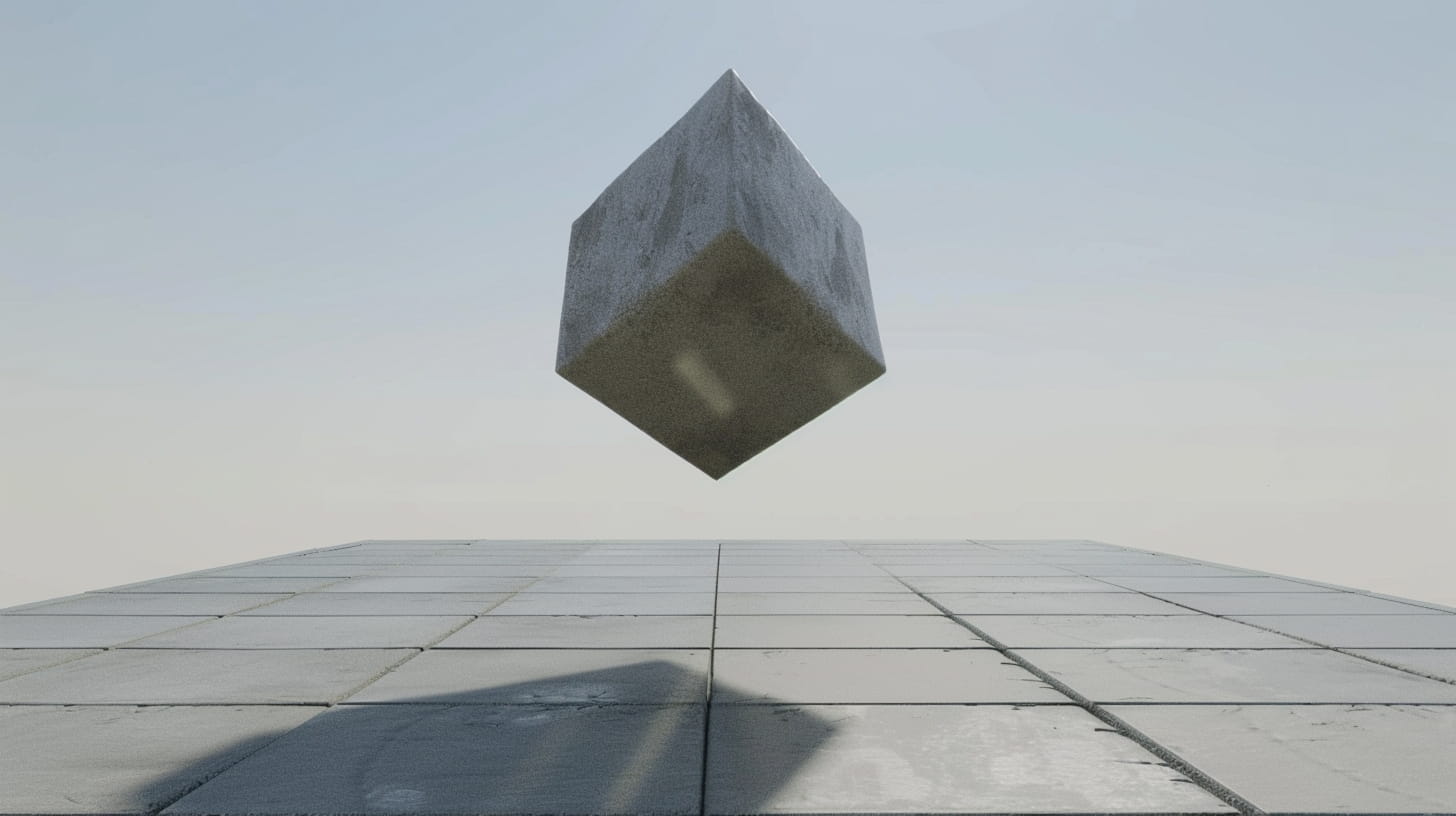 Floating cube suspended above a tiled surface in a minimal scene