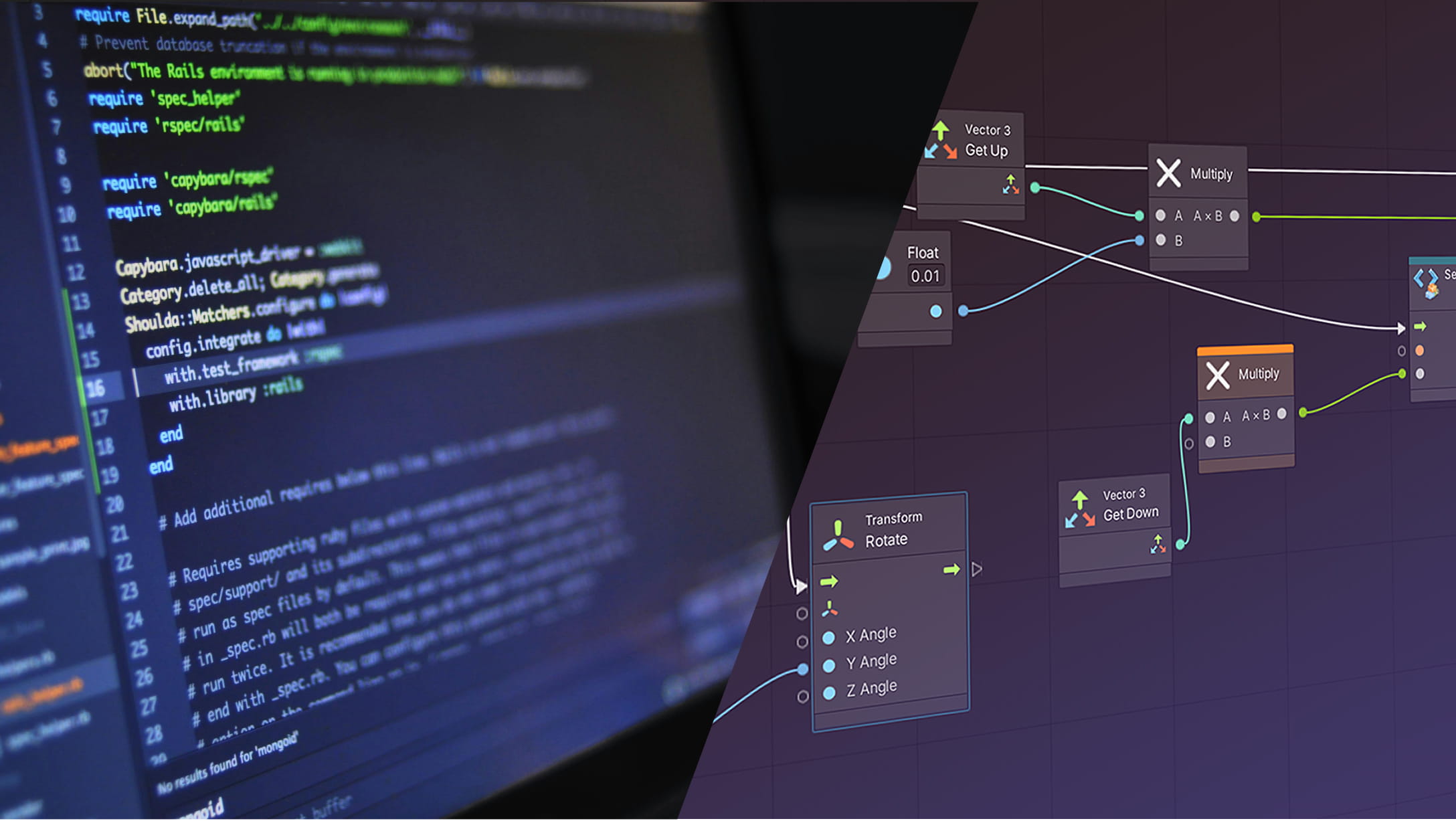 Split image showing traditional code scripting on one side and visual node-based scripting on the other
