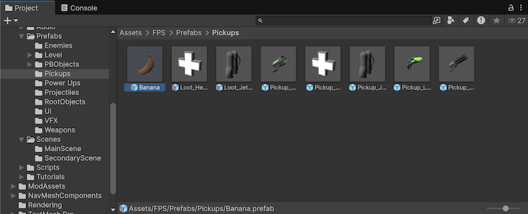 Unity Editor project window showing a folder of prefab assets